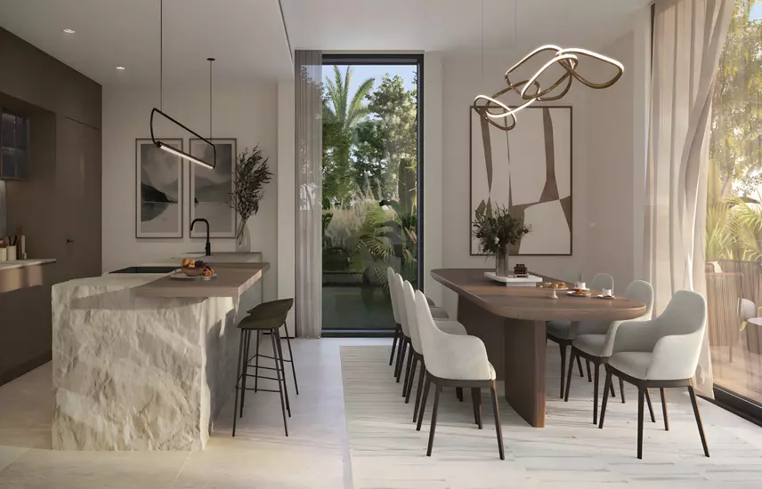 Aldar render of the outdoor living and garden frontage at Cassia Villas, The Wilds, Dubai